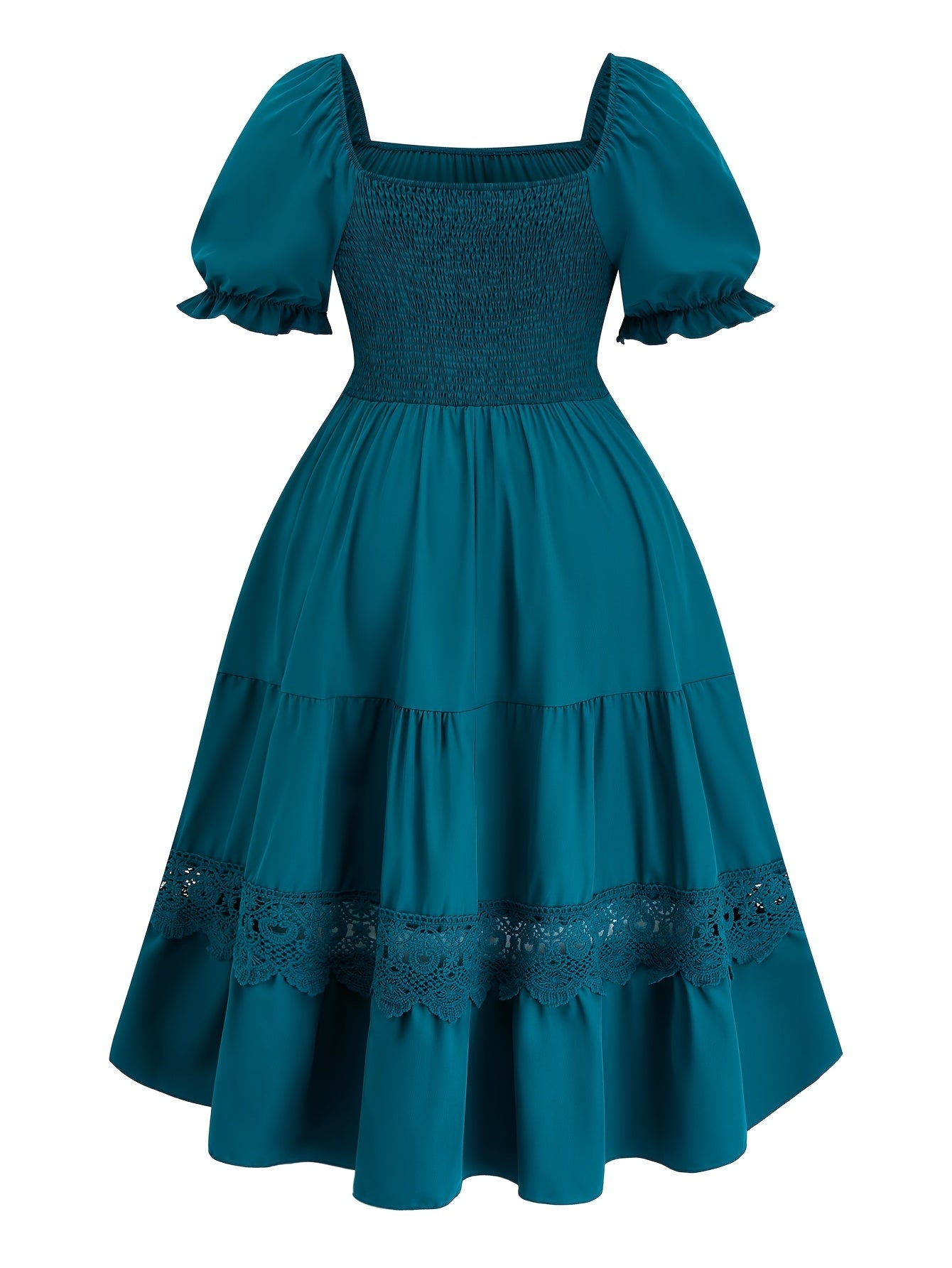 V-Neck Midi Dress with Lace Detail Short Sleeve Polyester Spandex Elegant Casual