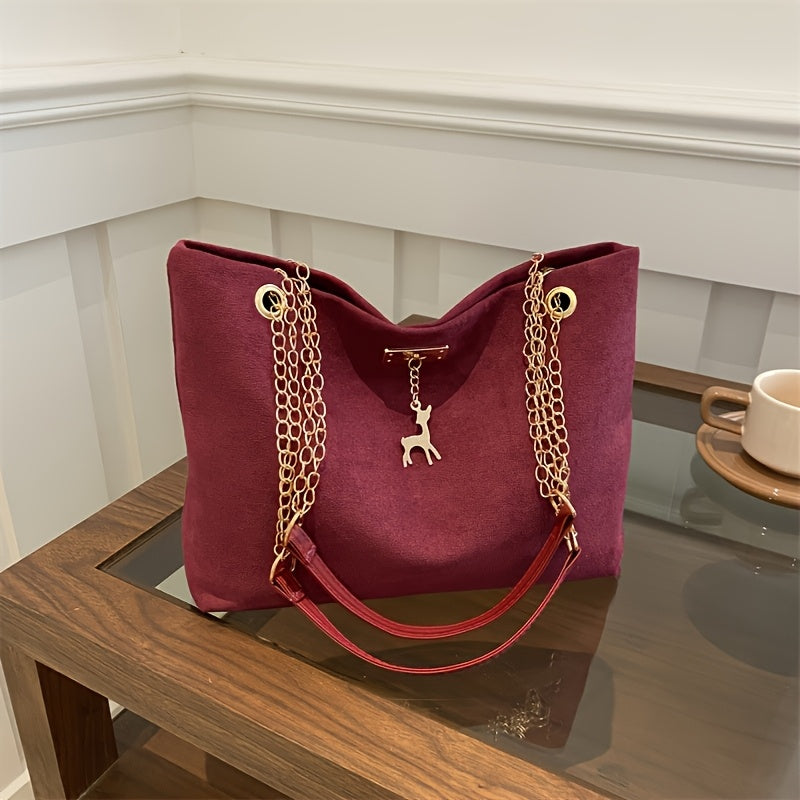 Women's Casual Faux Leather Handbag with Deer Pendant Large Capacity Lightweight Shoulder Bag in Multiple Colors