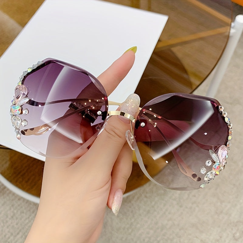 Women's Frameless Gradient Lens Rhinestone Glasses with Bent Legs