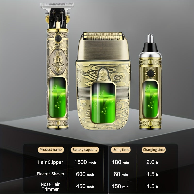 Electric grooming kit with hair clipper shaver nose trimmer 3-piece stainless steel