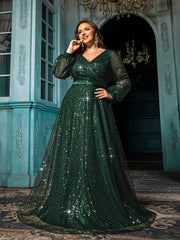 Women Emerald Green Sequin V-Neck Gown with Lantern Sleeves Formal Evening Dress