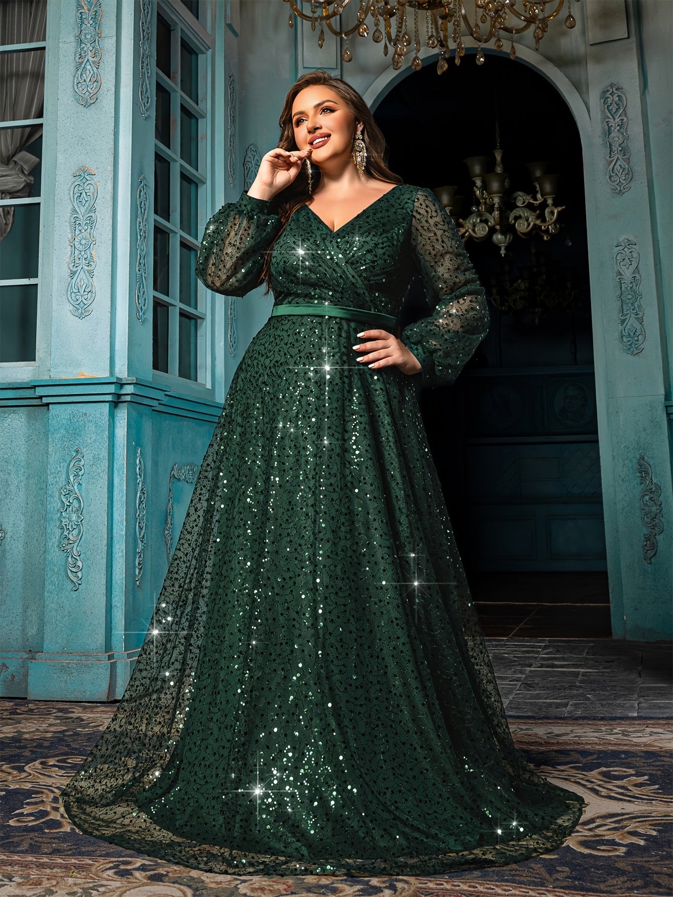Women Emerald Green Sequin V-Neck Gown with Lantern Sleeves Formal Evening Dress