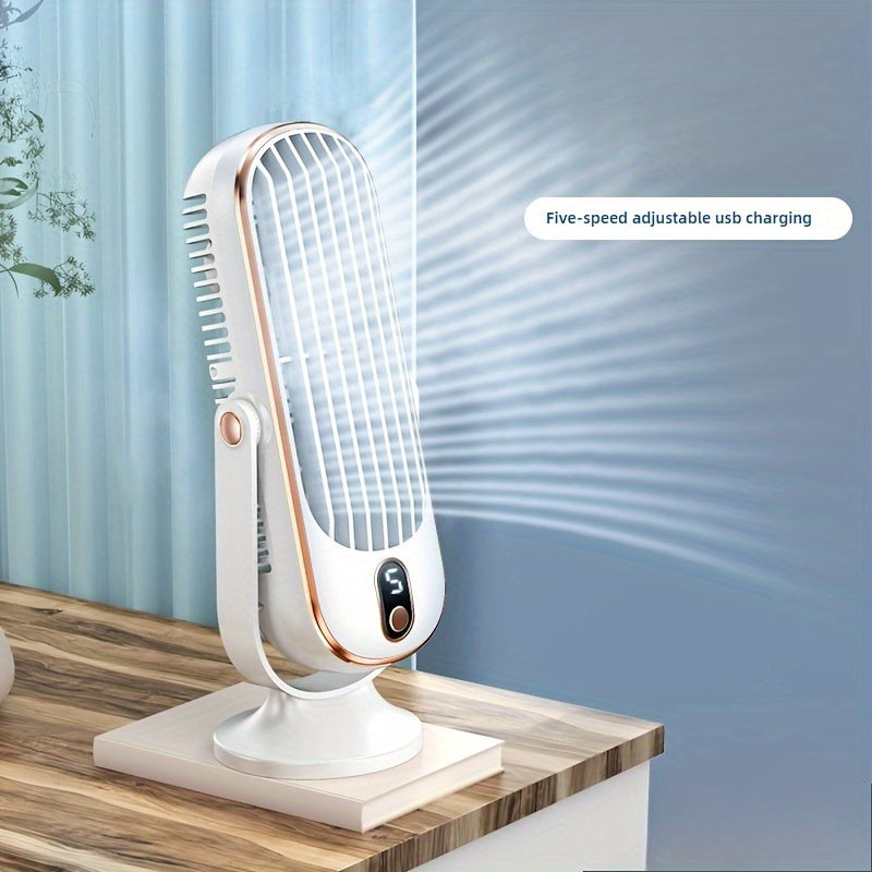 Portable USB Fan with 5-Speed Control White and Gold Multi-Functional for Travel Camping Outdoors