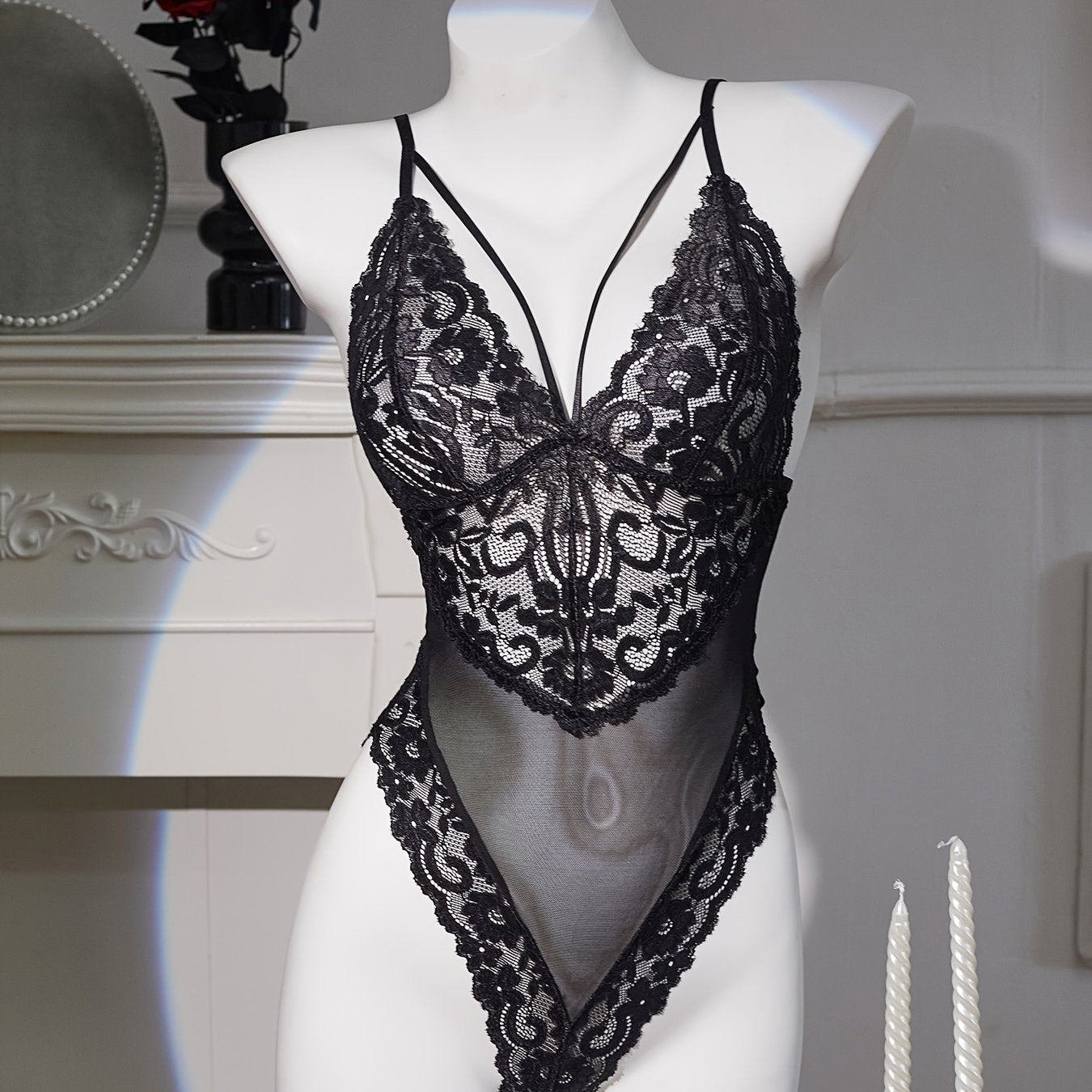 Women’s Lace Bodysuit Hollow-Out Knit Lingerie Solid Color Low Support