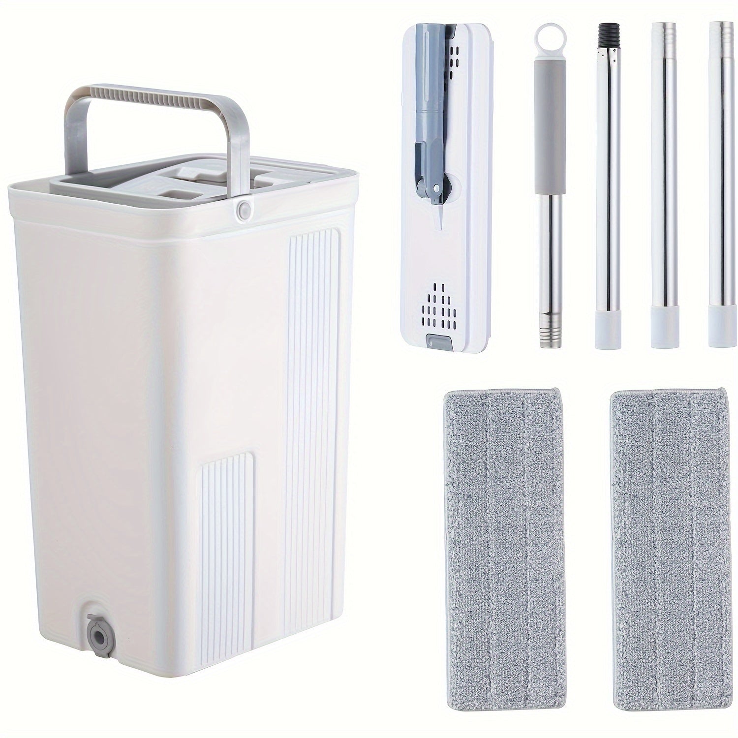 "Tekis mopu va chelak tizimi, squeegee va qo'l bilan ishlatishdan ozod dizayn bilan, oson uy tozalash uchun - Pol va devor tozalash uchun 2 ta qayta ishlatiladigan mikrofiber pad bilan birga."