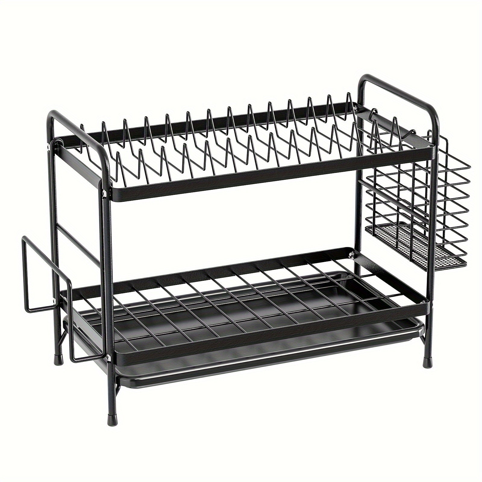 Contemporary Black Metal Kitchen Dish Rack with Drainboard and Utensil Holder