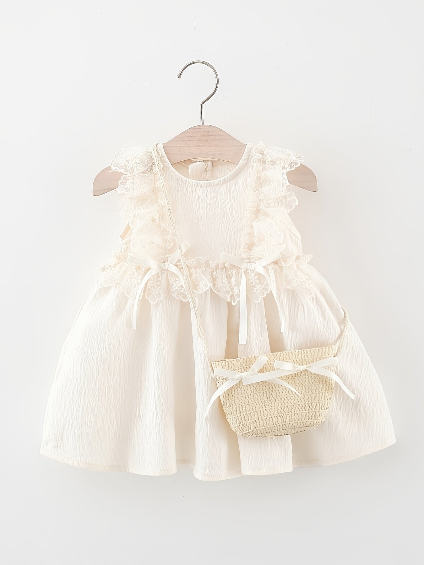 Girls Beige Sleeveless Princess Dress with Lace Trim Ruffled Skirt Cotton Blend for Summer Parties and Casual Outings