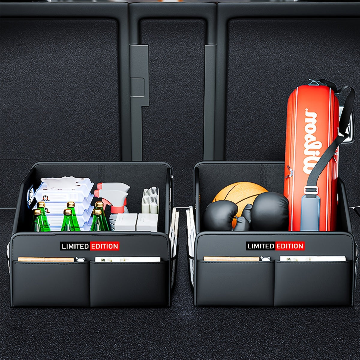 Black PU Leather Car Trunk Organizer Foldable Storage Box with Handles