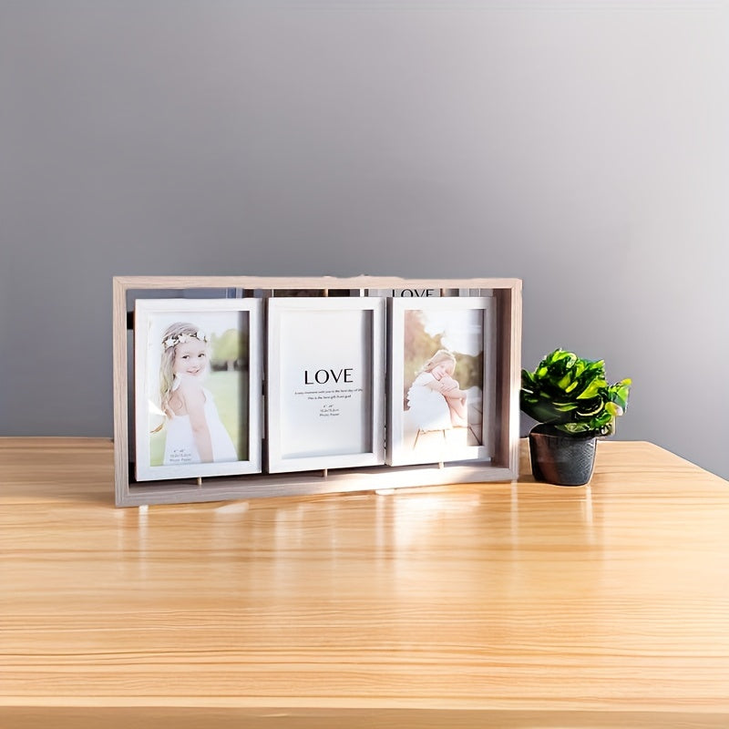 Wooden Double-Sided Tri-Fold Photo Frame Stand for Multiple Pictures