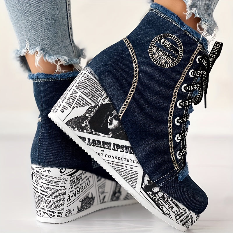 Women’s Solid Denim Lace-Up Platform Boots with Wedge Heel and Round Toe