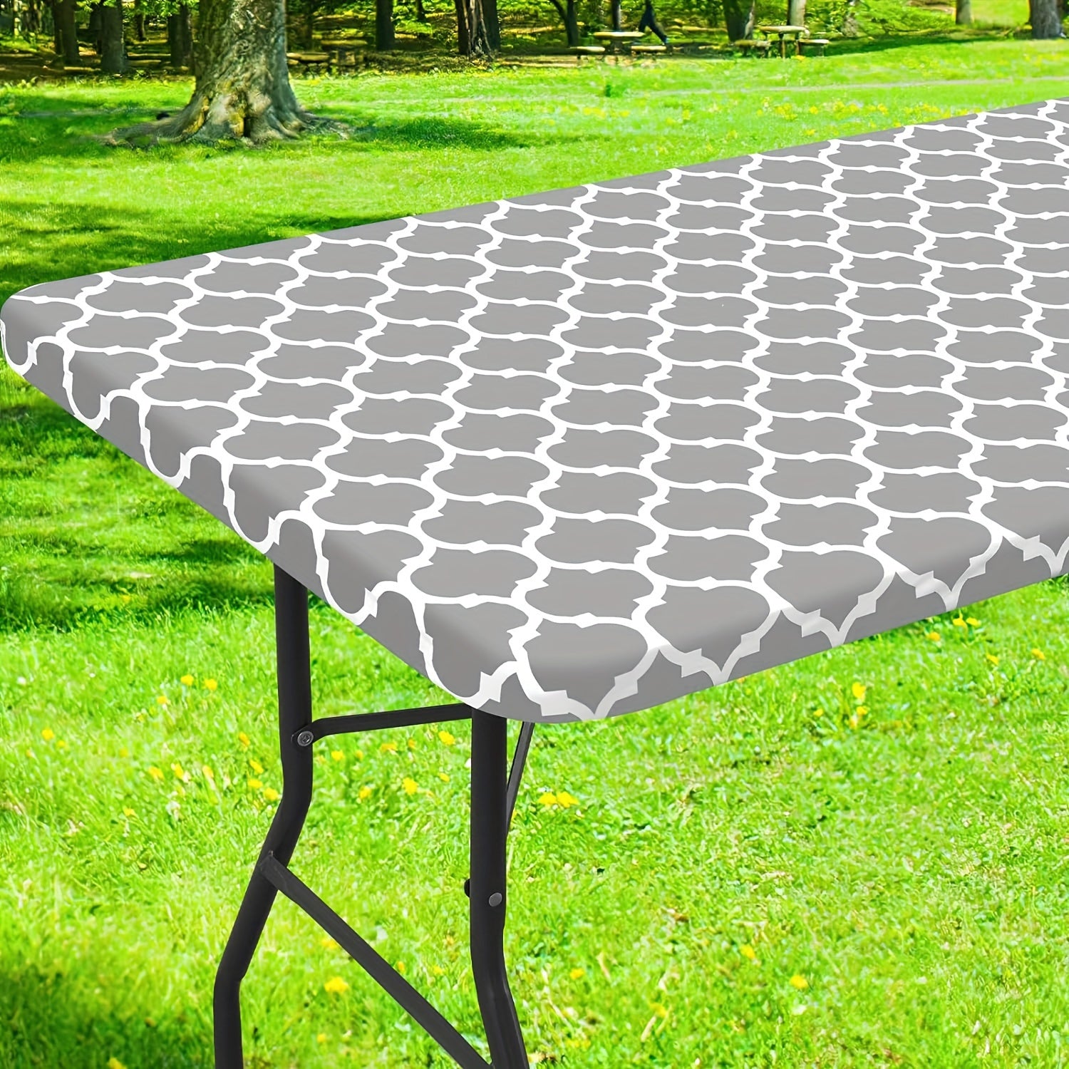 Vinyl Table Cover Waterproof with Flannel Backing Gray White Geometric Pattern Indoor Outdoor