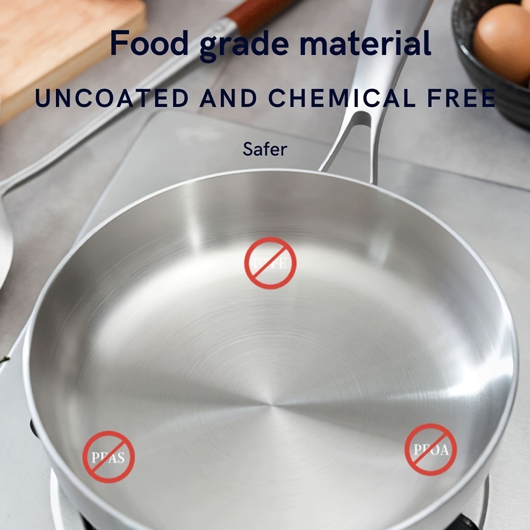 Stainless Steel Uncoated Flat-Bottom Frying Pan with High Edge Multiple Sizes