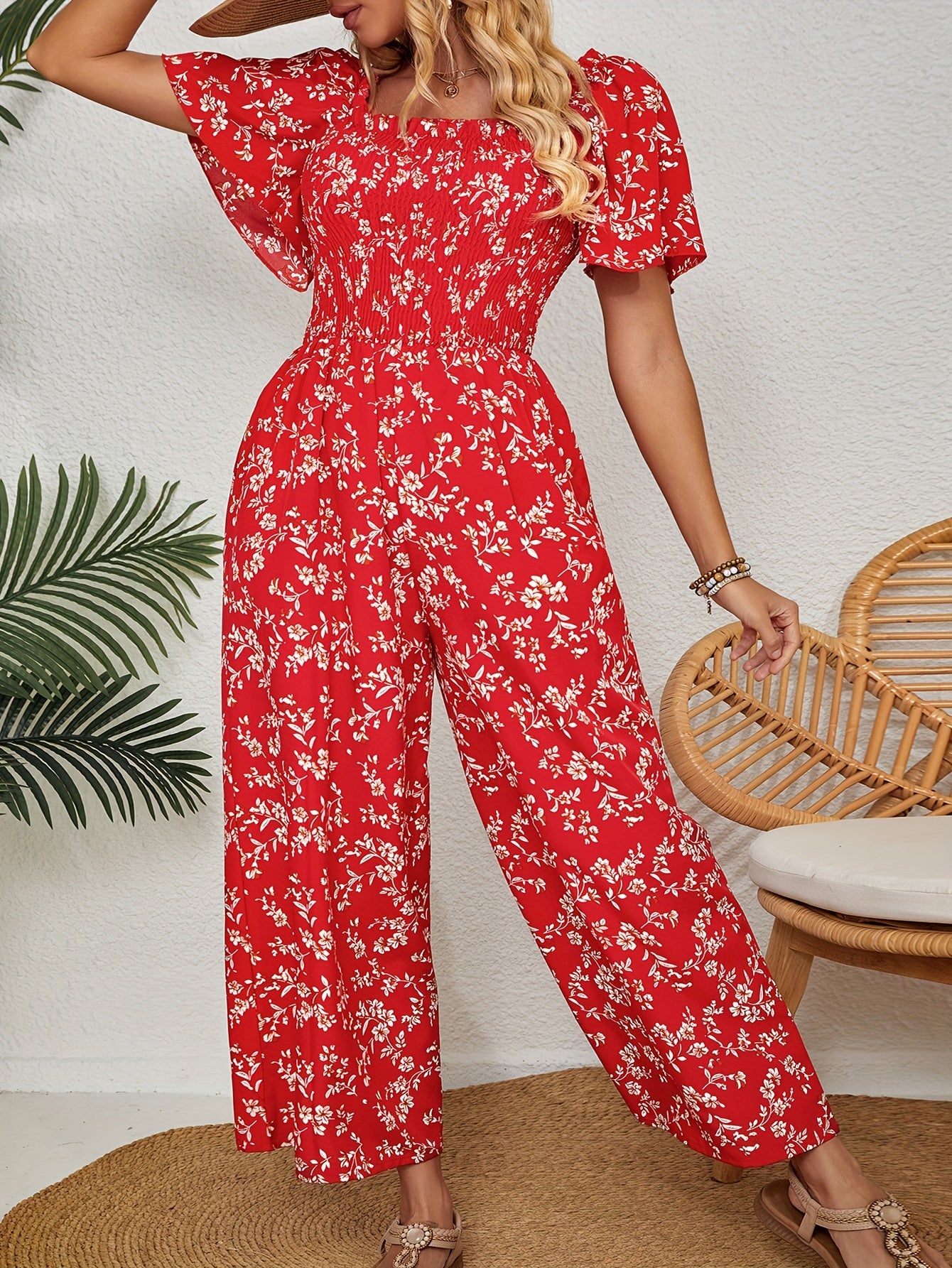 Women's Plus Size Floral Print Shirred Short Sleeve Wide Leg Jumpsuit