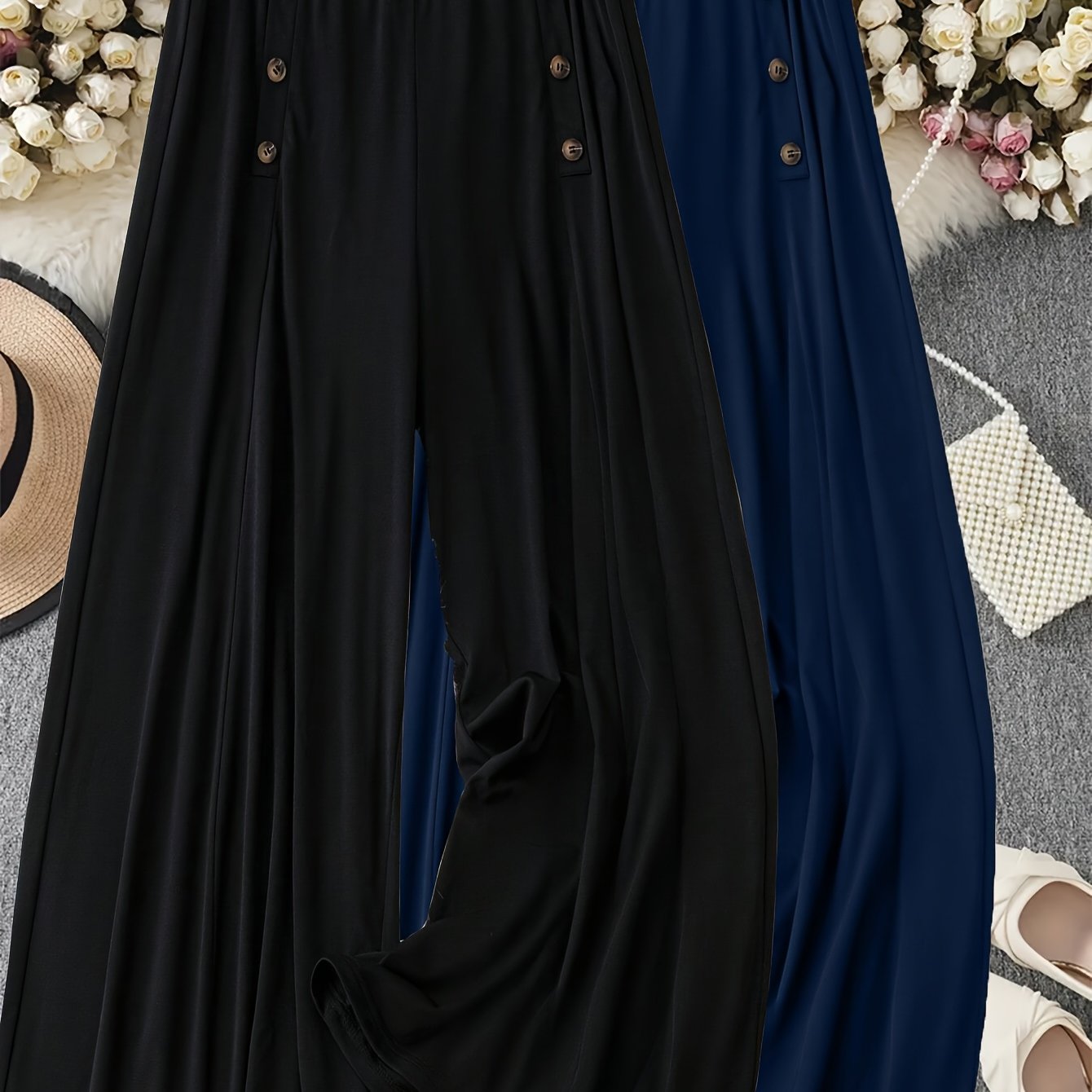 Women's Plus Size Wide-Leg Pants Elastic Waist Casual Trousers Burgundy Yellow