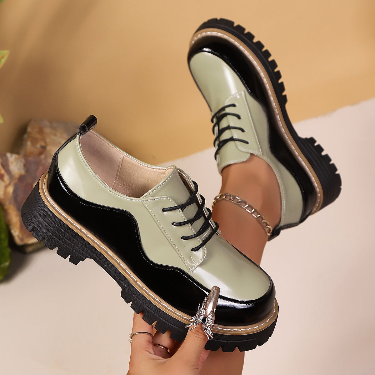 Women's Loafers Color Block Flat Shoes with Height-Increasing Sole