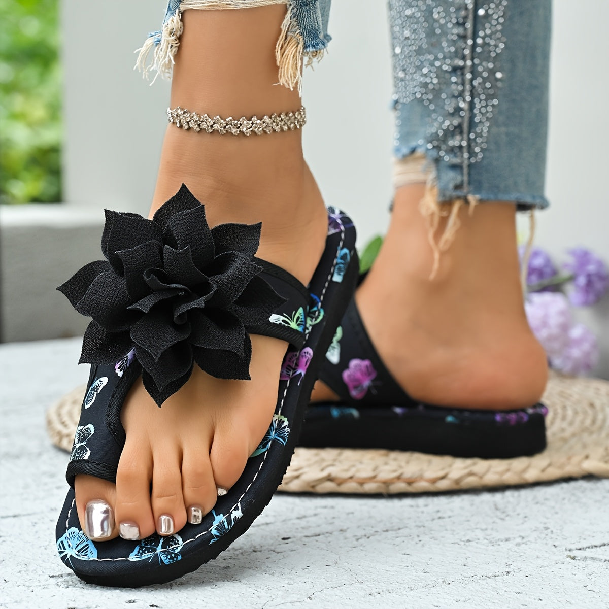 Ayollar uchun yozgi oddiy kapalak gul slippers sayohat va ta'til uchun