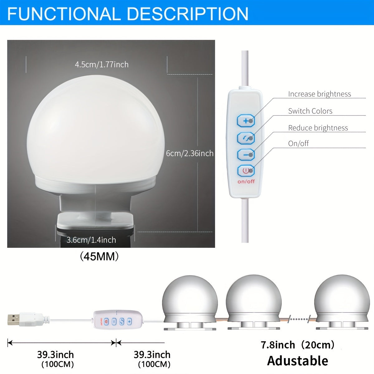 4/10/10/14 chiroq bilan sozlanadigan LED makiyaj aynasi yoritgichi, USB boshqaruvi bilan, kosmetika uchun