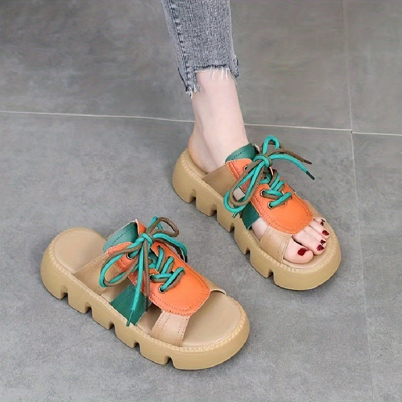 Yoz uchun rangli blok dizaynida, ochiq barmoq bilan va qulay moslashuv bilan ayollar uchun tasodifiy shoelacesli slayd sandallar.