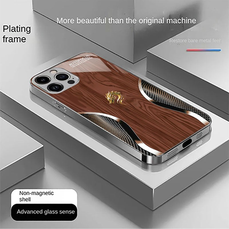 Wood Grain Dragon Pattern Phone Case for iPhone Models Tempered Glass Protective Cover