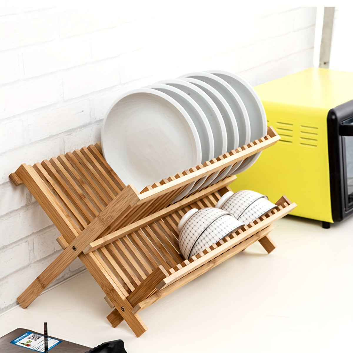 Бамбуковая сушилка для посуды со складной конструкцией - сушилка для кухонных тарелок и мисок - компактное хранение (16/20 решеток)