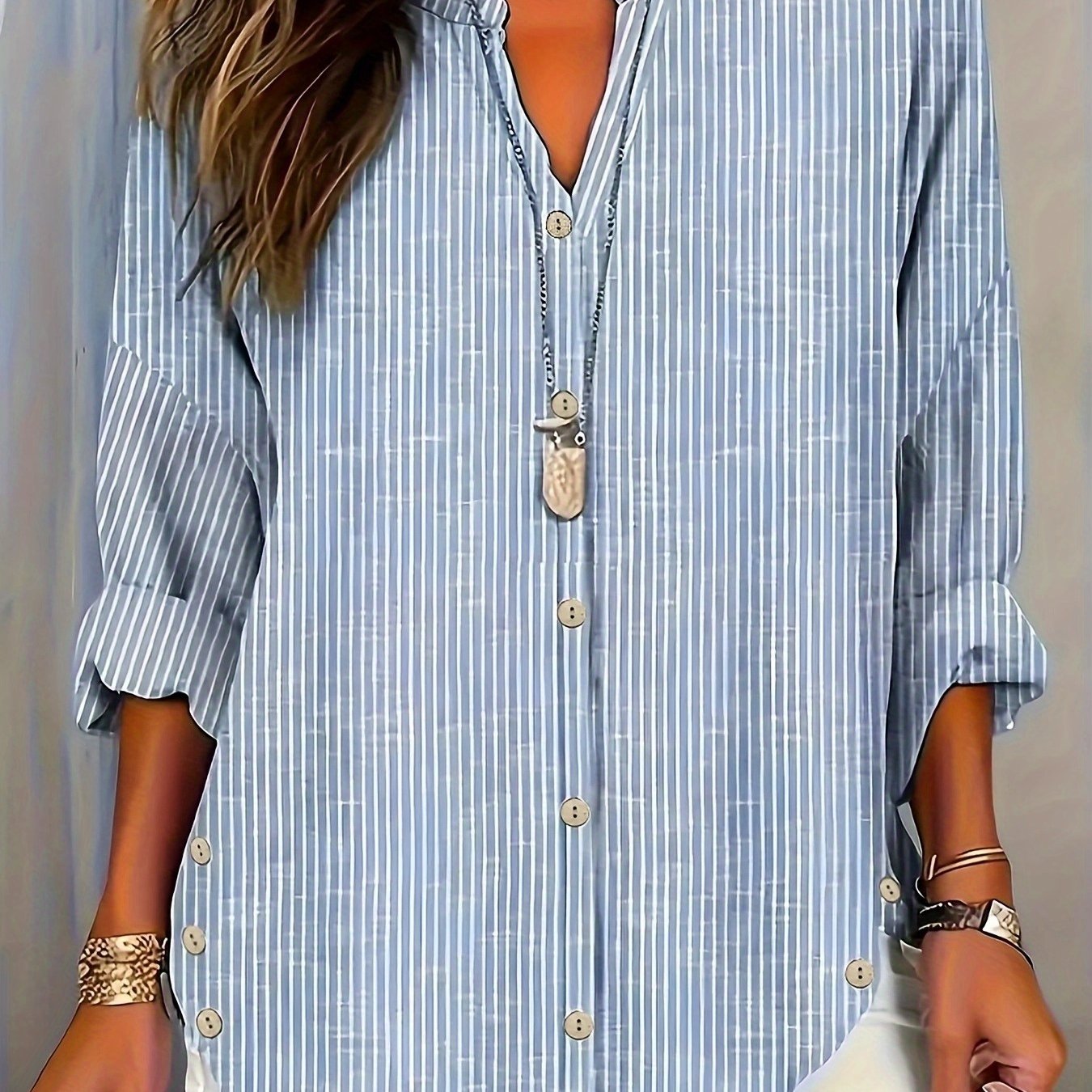 Plus Size Women's V-Neck Long Sleeve Button-Up Shirt Casual Striped Blouse Work Attire