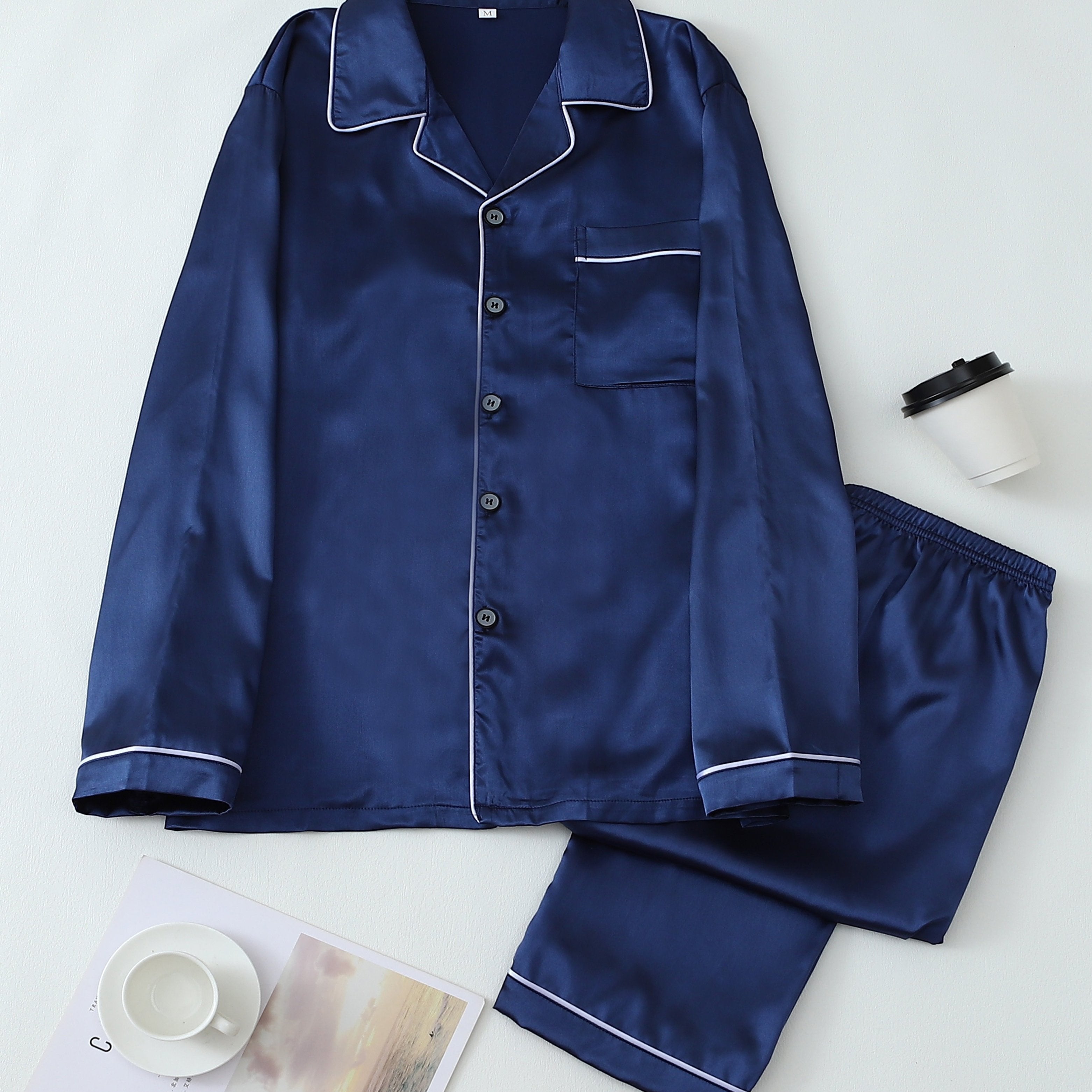 Conjunto de pijama de satén para hombre, manga larga, de color sólido, casual, con botones, para otoño e invierno