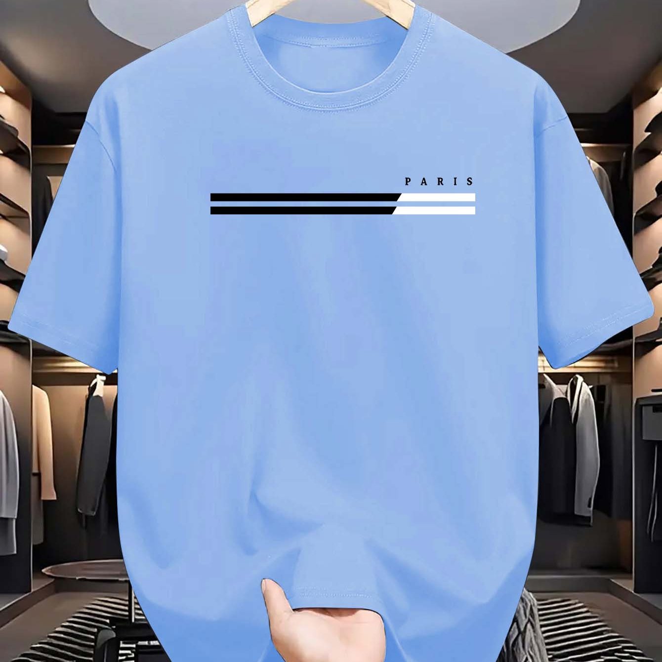 Erkaklar uchun tasodifiy krujka bo'yinli T-ko'ylak, 100% polyester to'qilgan matodan tayyorlangan. Ozgina cho'zilishi, qisqa yenglari bor va kattalar uchun zamonaviy va ko'p maqsadli.