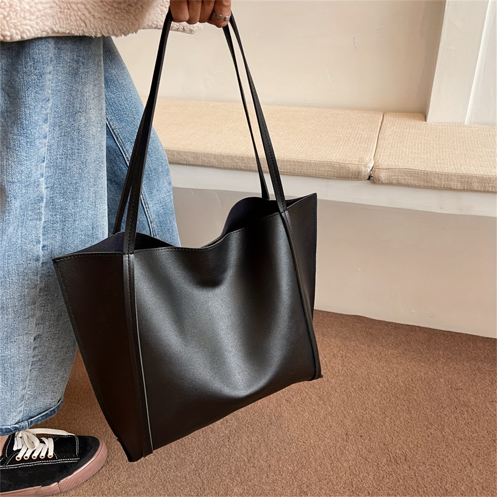 Retro Tote Bag for Women and Girls Large Capacity Black PU Elegant Vintage Style