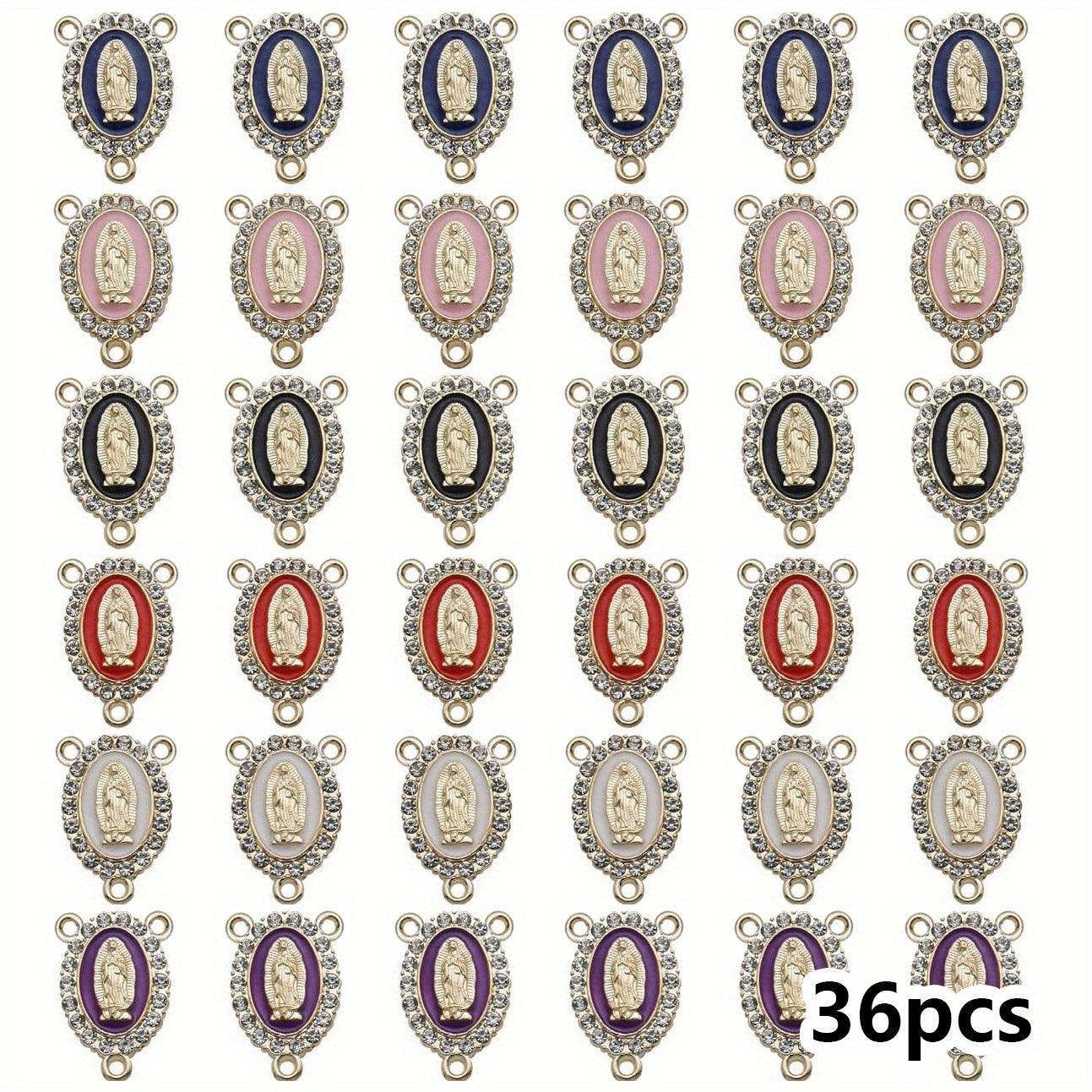 Set of 36 Enamel Virgin Mary Charms with Rhinestone Inlay for Jewelry Making and Easter Decorations