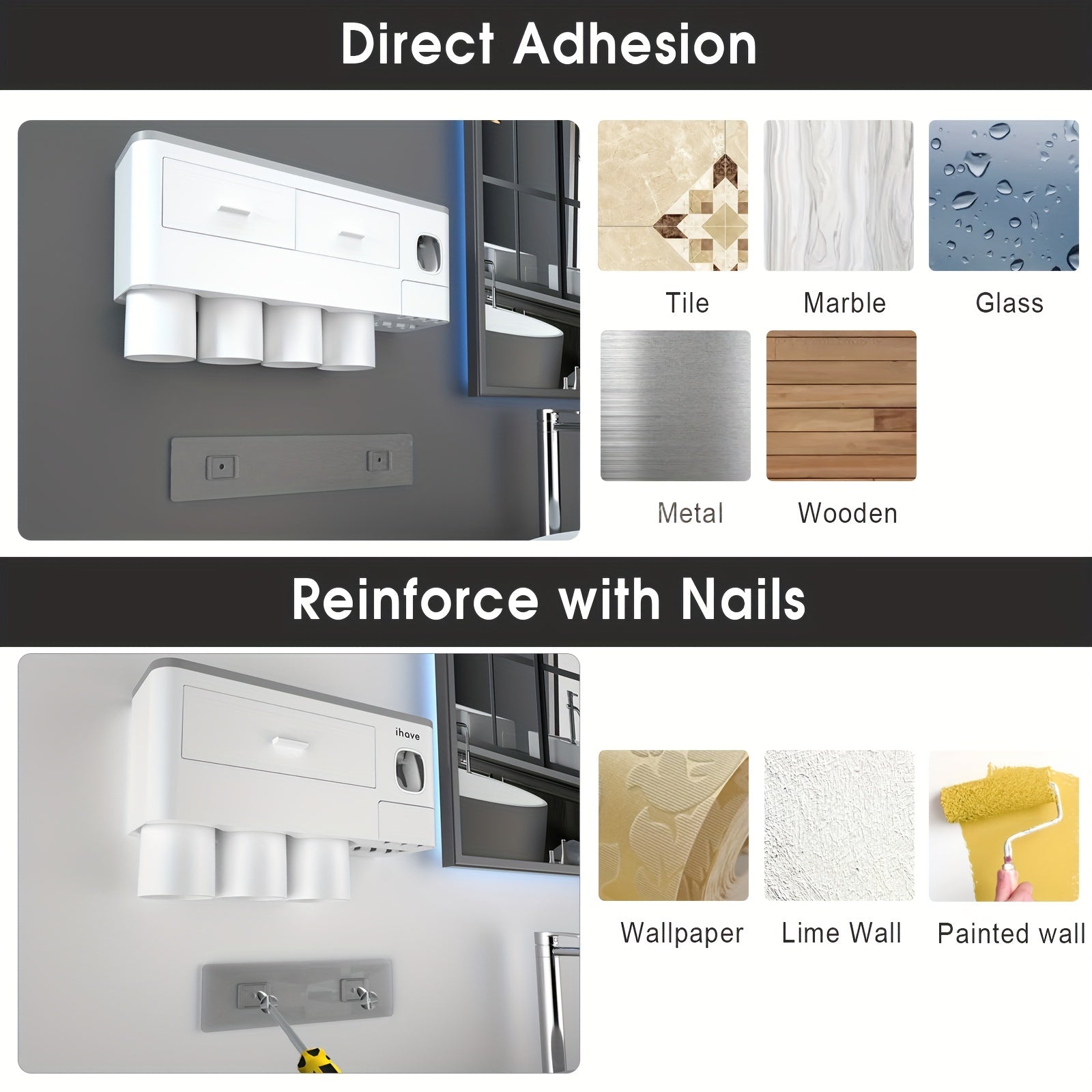 Kids Bathroom Toothbrush Holder with Toothpaste Dispenser Wall Mount White Plastic