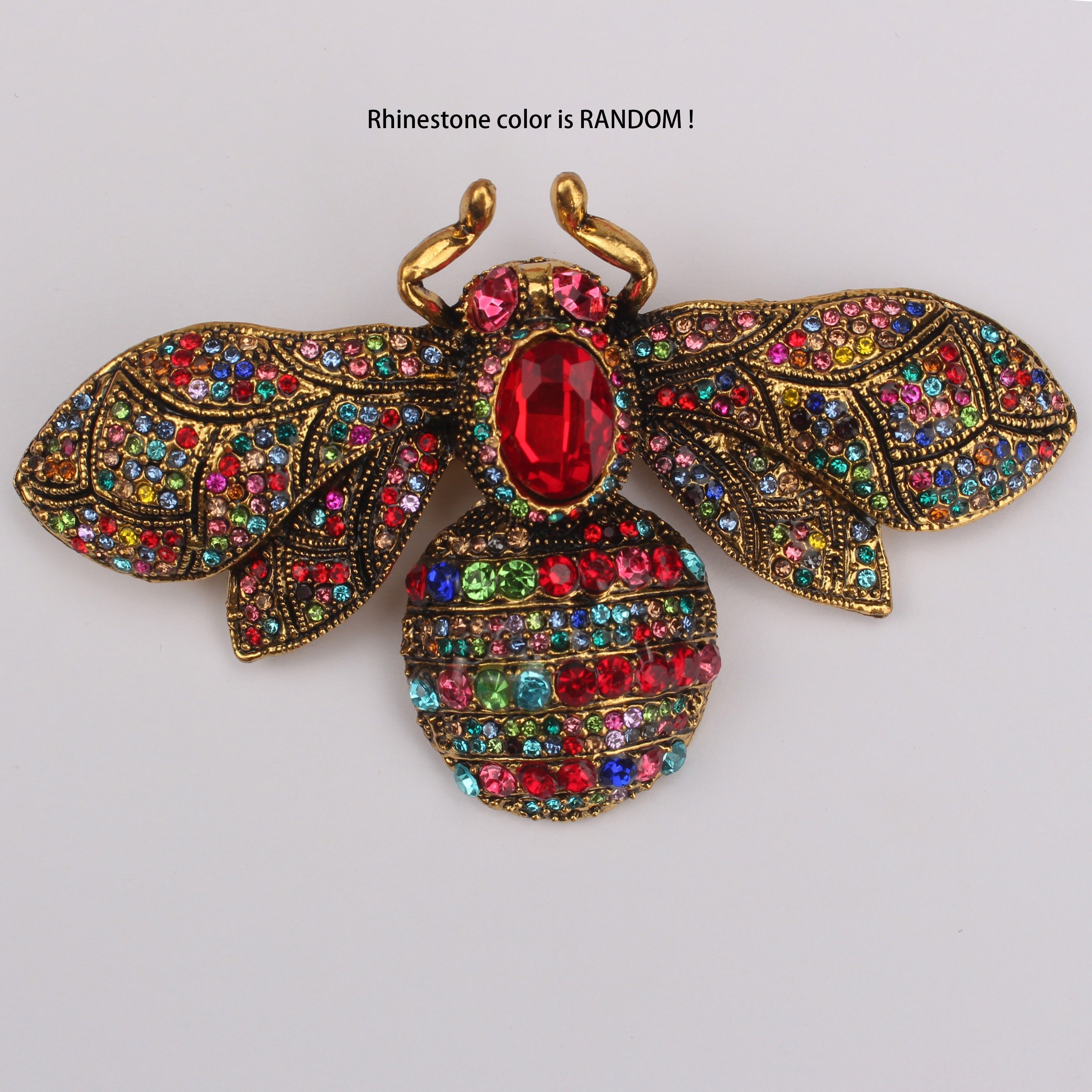 Broche de abeja de estilo antiguo con rhinestones, forma irregular y incrustaciones de piedras preciosas multicolores