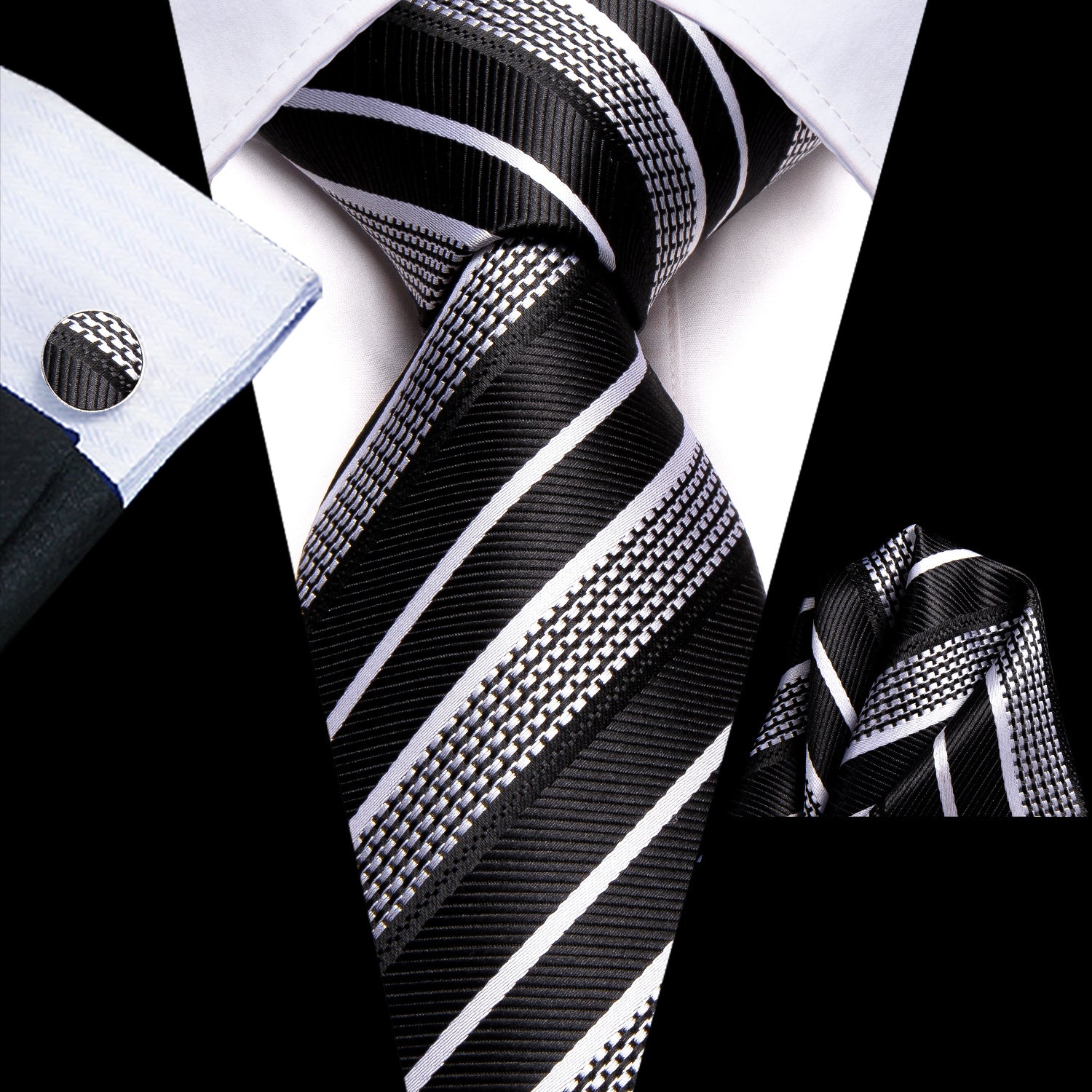 Striped Necktie Set with Cufflinks for Business, Parties, Weddings