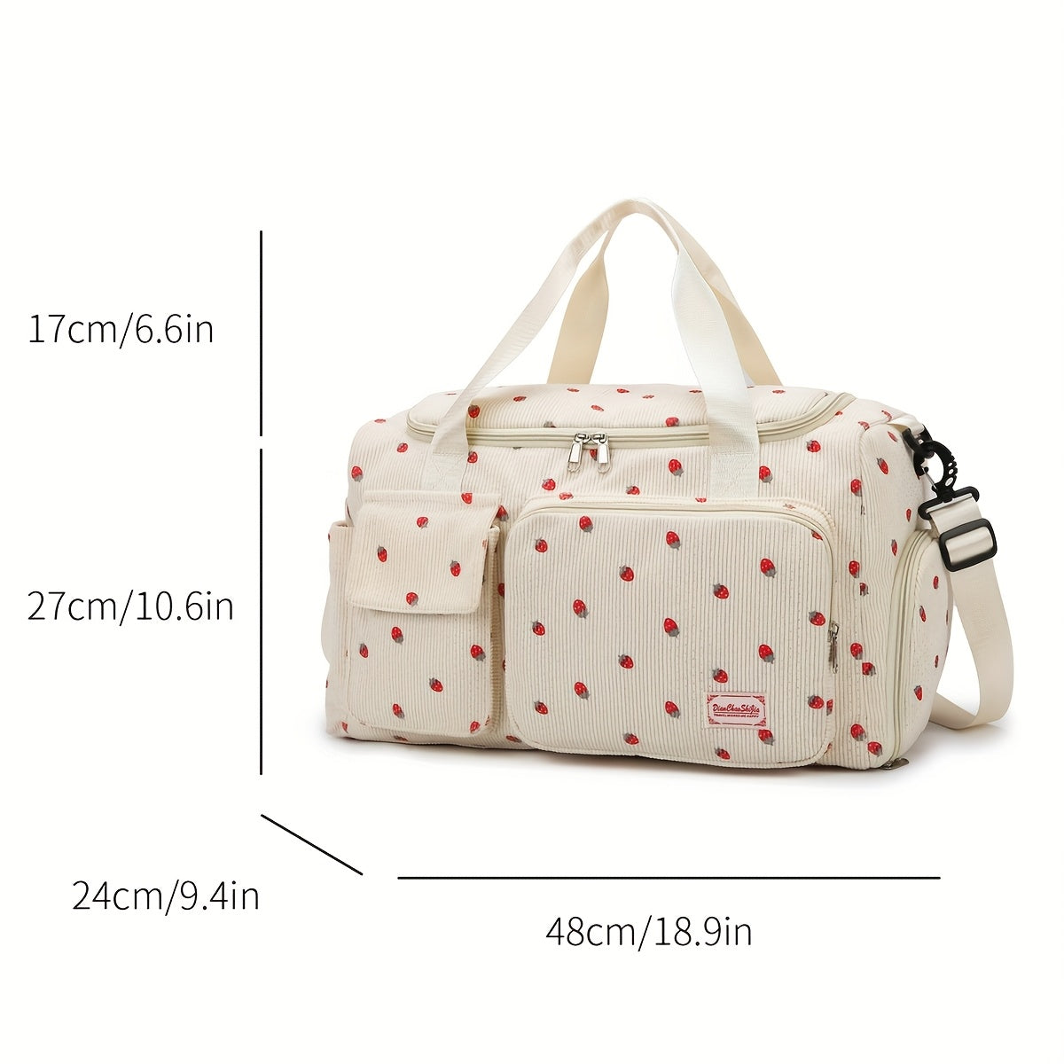 Corduroy Travel Bag with Strawberry Print Wet and Dry Separation Shoe Compartment for Vacation Gym and School