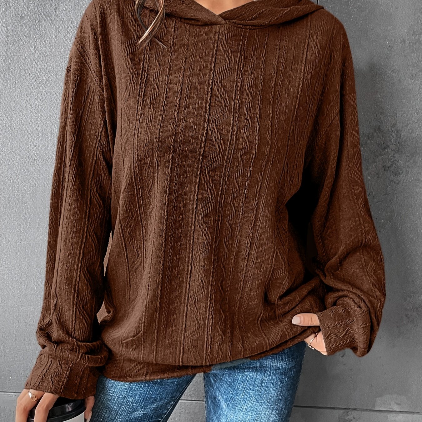 Plus Size Women's Solid Textured Long Sleeve Hoodie Sweatshirt