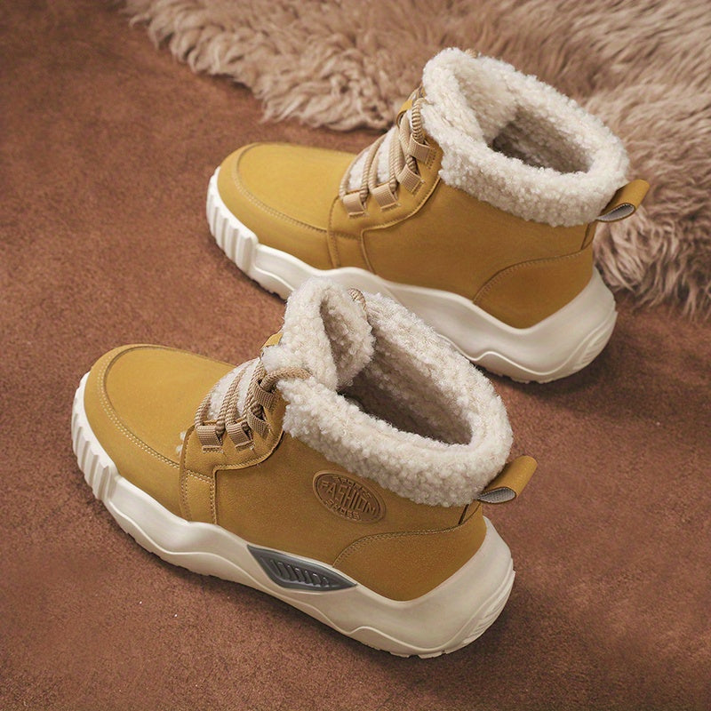 Women'S Winter Snow Boots Fleece-Lined Beige Chunky Sole Casual All-Season