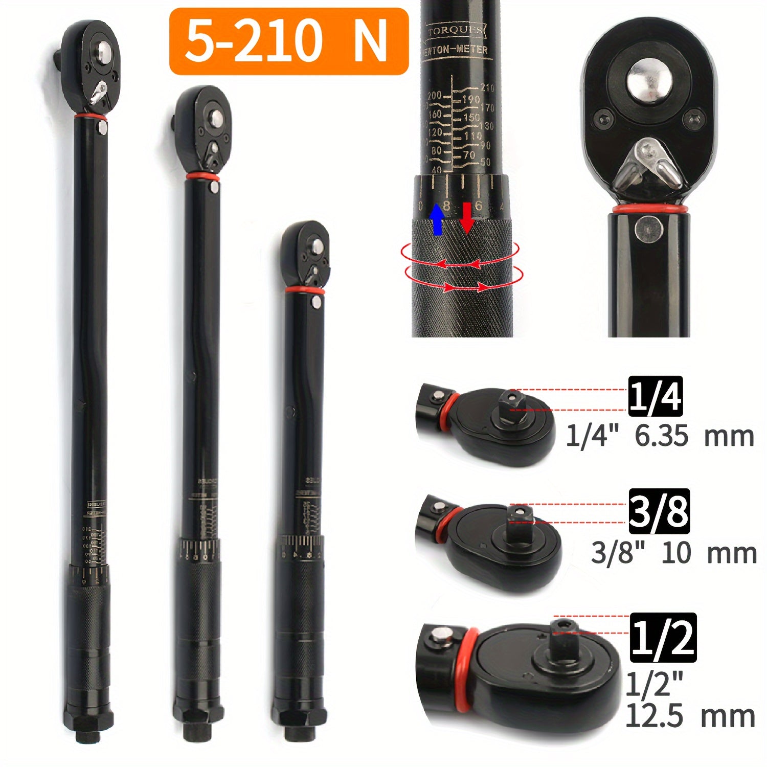 Torque Wrench 3/8 Inch Drive Click Black Repair Tool 5-210Nm