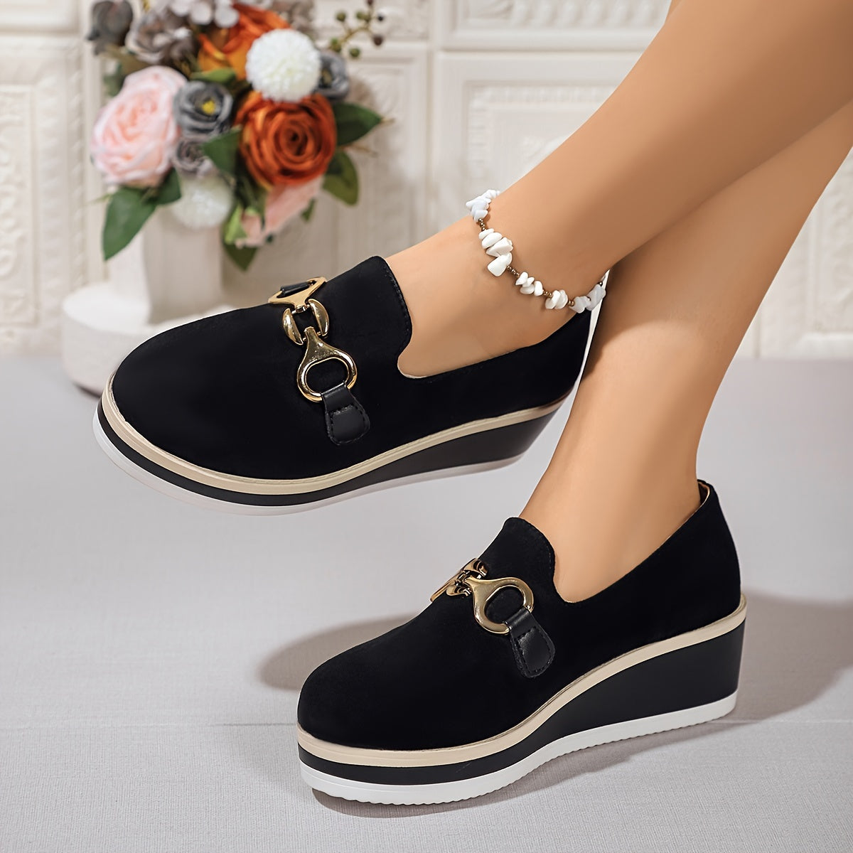 Women's Black Slip-On Loafers with Gold Buckle, Comfortable Platform Shoes