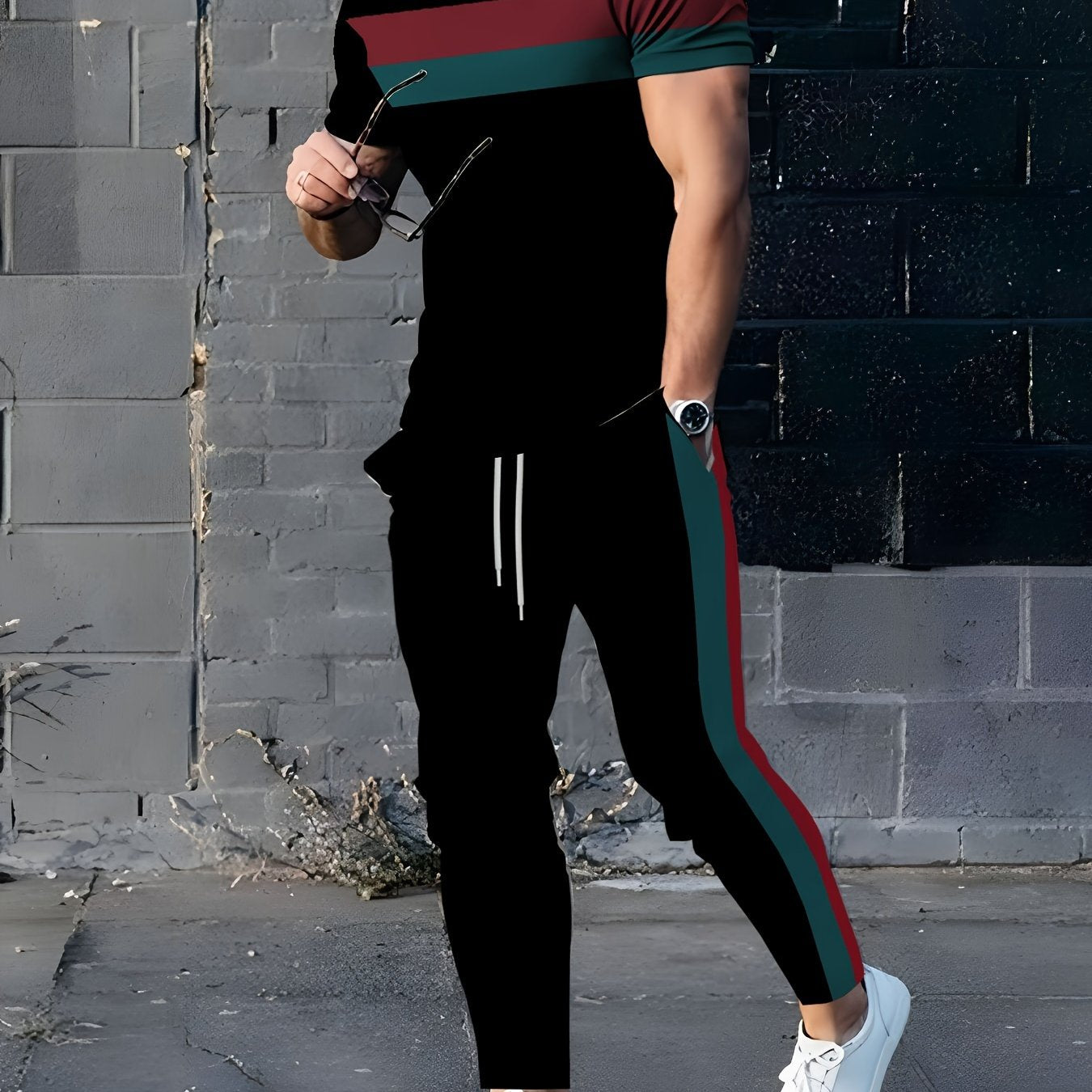 Men's Sports Sweatsuit Set with Striped Pattern Crew Neck Short Sleeve T-Shirt and Pants in Knit Polyester