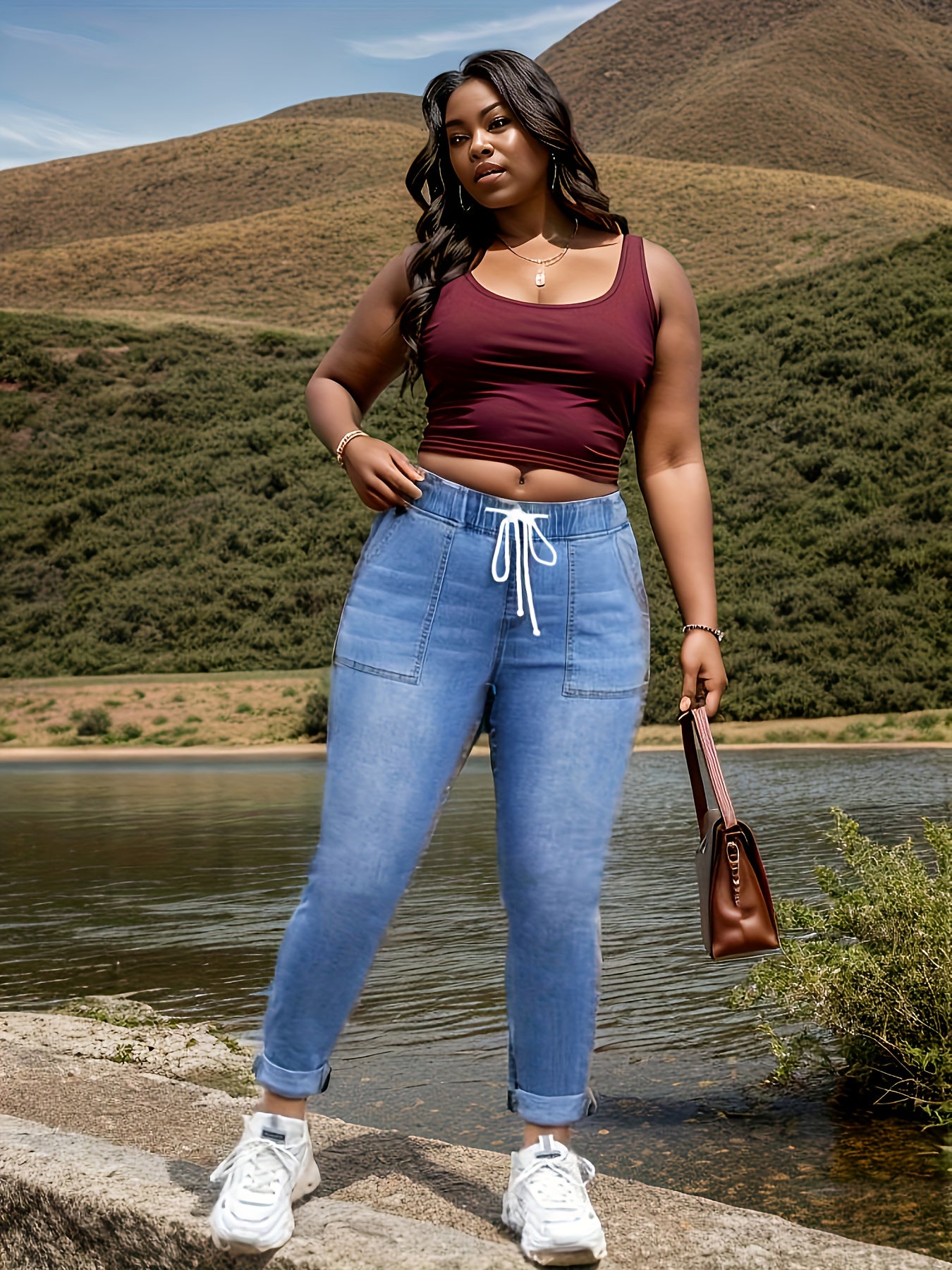 Джинсы для женщин большого размера с эластичным шнурком и высокой талией, вымытые.