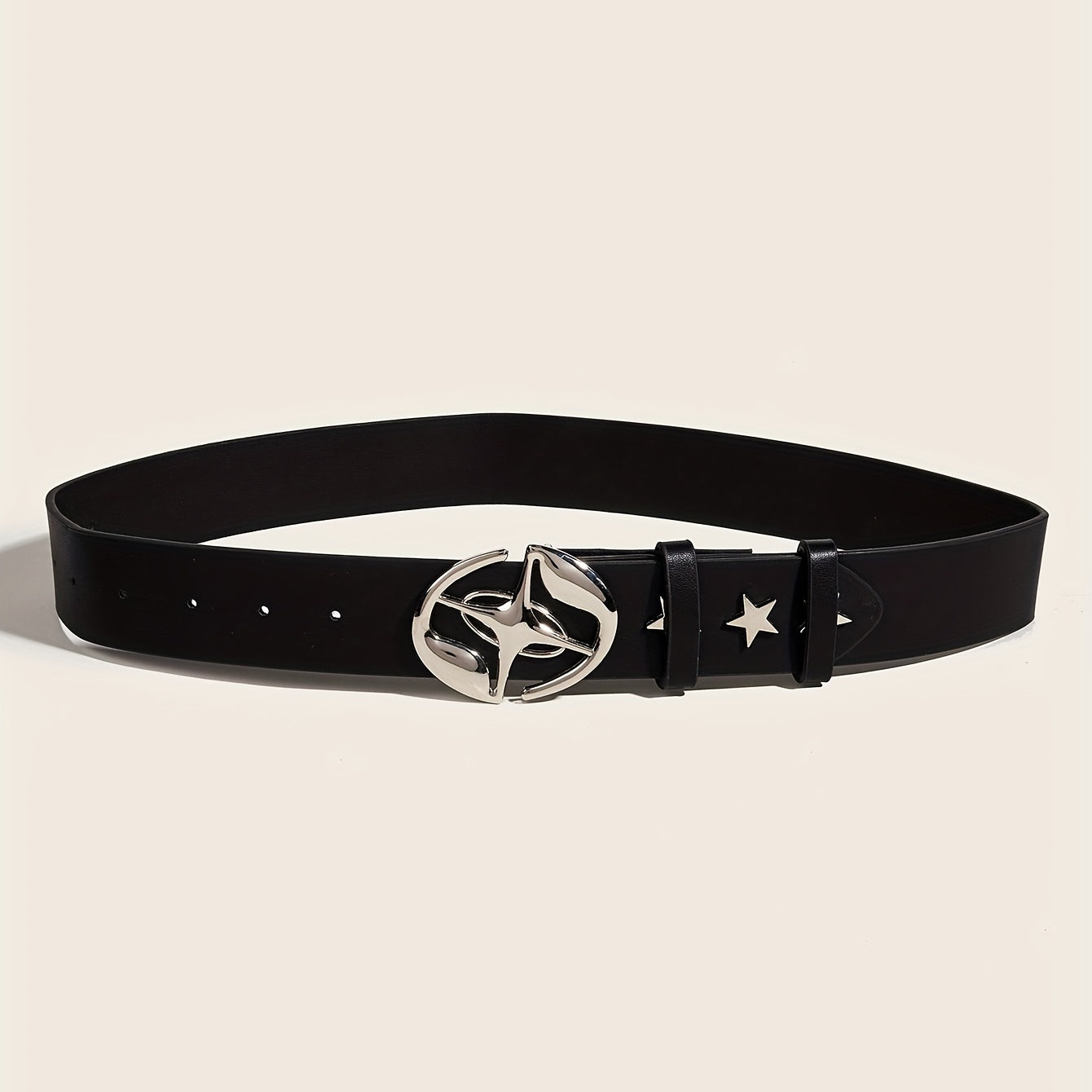 Black PU Belt for Women with Oval Hollow Out Buckle and Star Rivet Decor