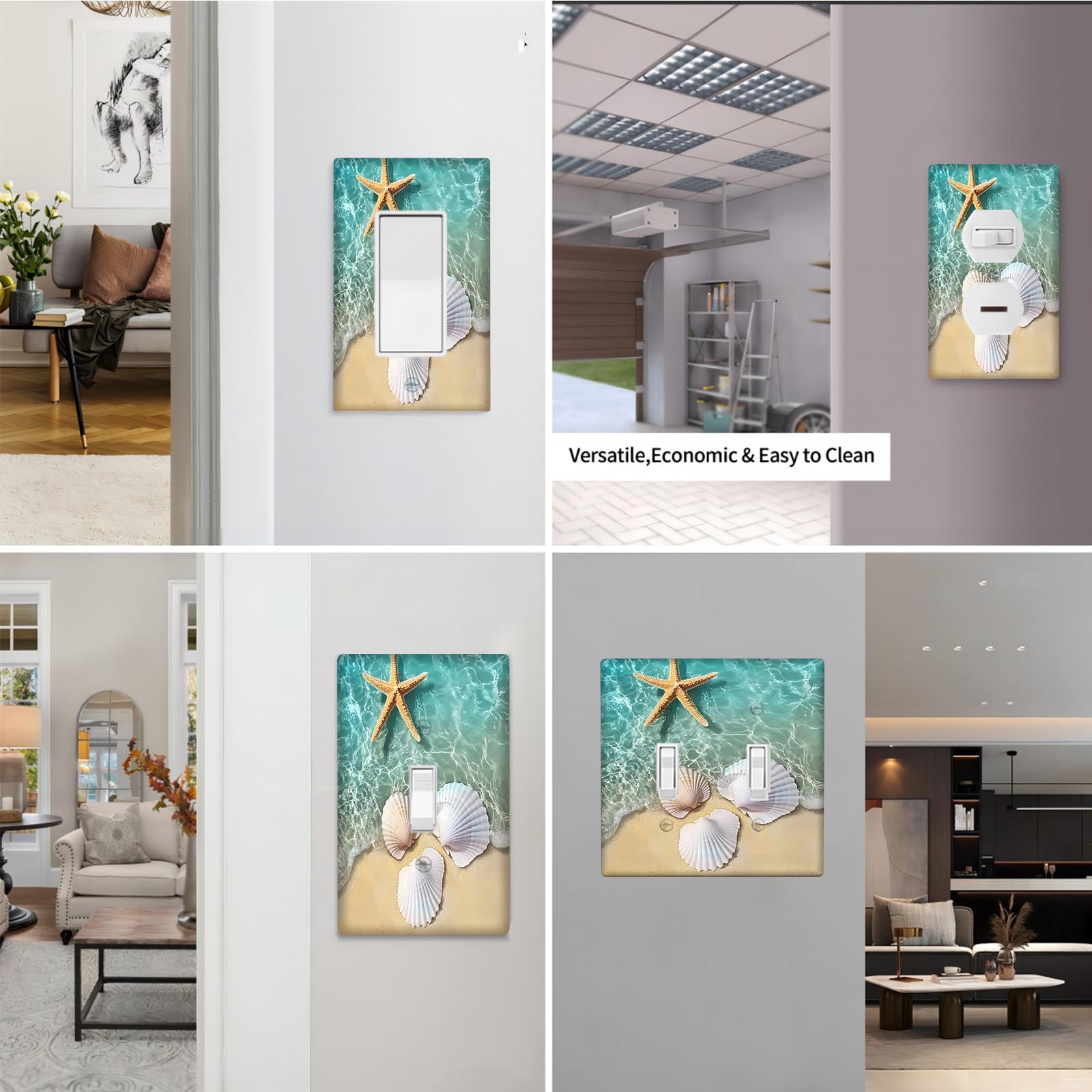 Placa de pared con concha de playa y estrella de mar, cubierta decorativa para interruptor de luz, interior y exterior, fácil de limpiar