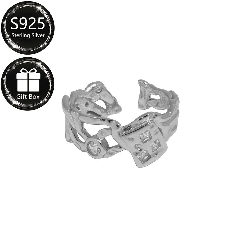 Sterling Silver Adjustable Ring with Cubic Zirconia Stones and Irregular Design