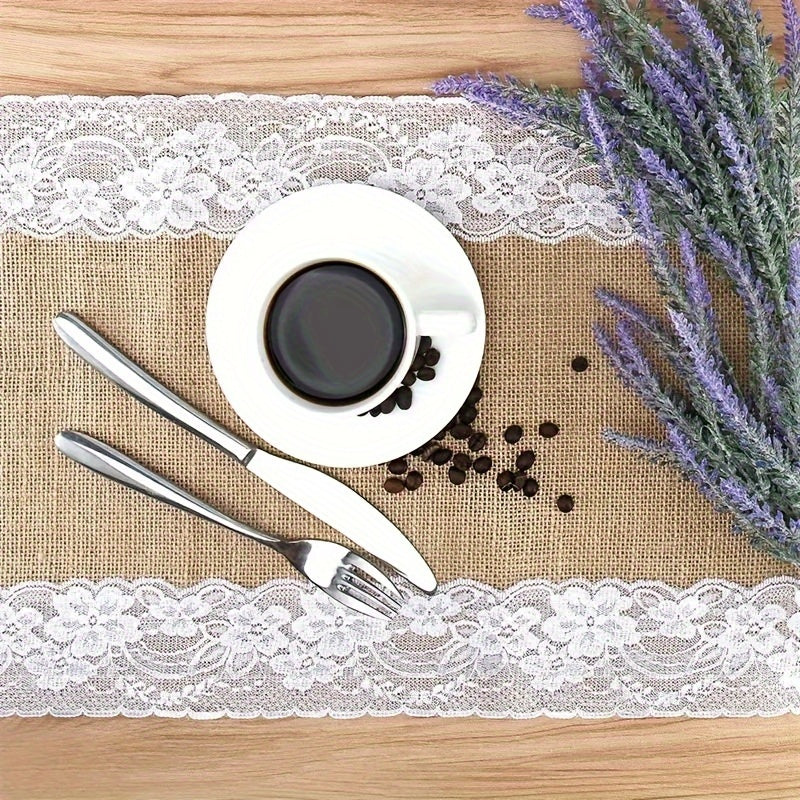 Rustic Burlap Table Runner with Lace Trim for Weddings Parties and Holiday Decor