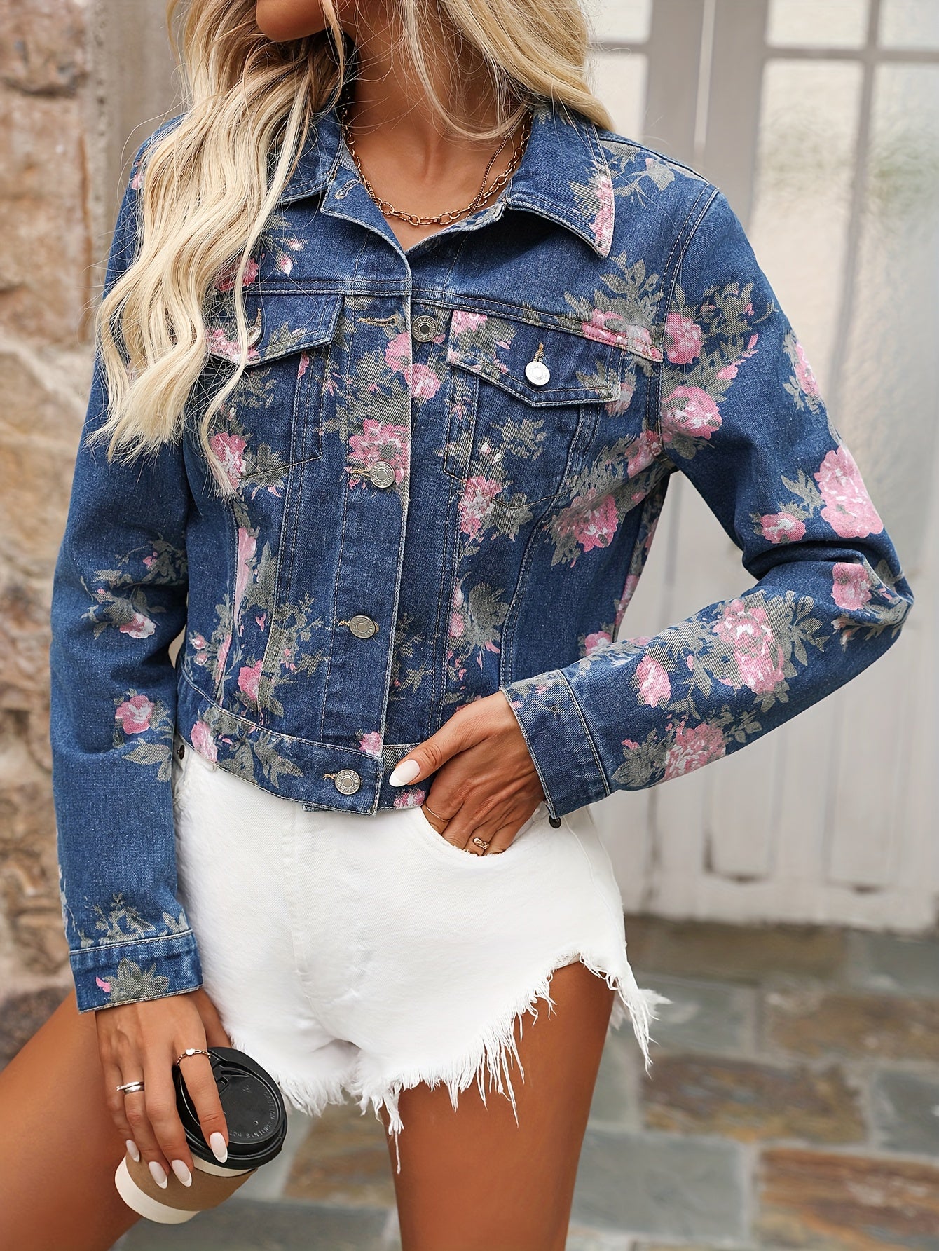 Plus Size Floral Print Denim Jacket for Women Long Sleeve Spring Fall Fashion