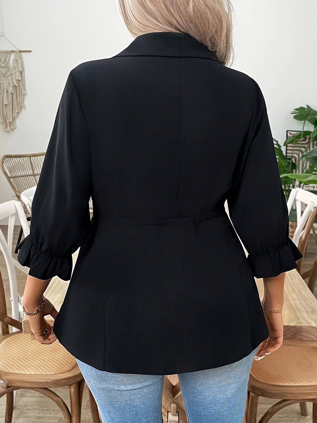 Women's Plus Size Slim Fit Blazer with Pockets Black All-Season Outerwear