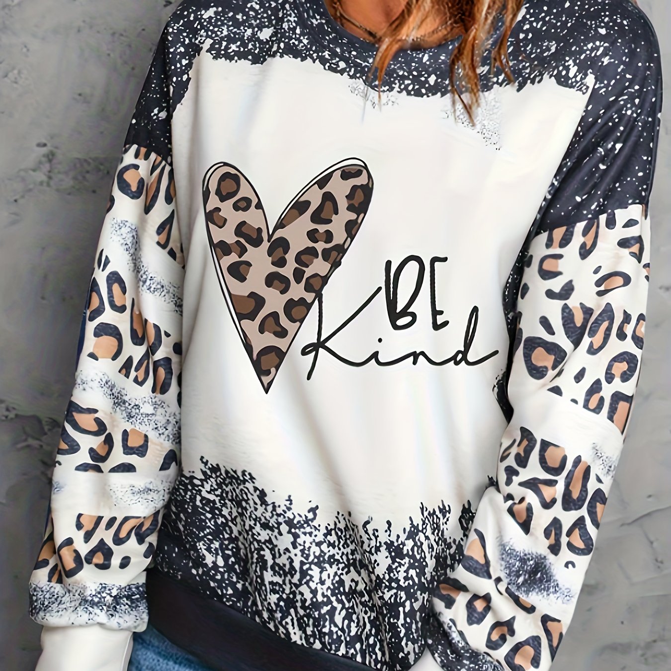 Plus Size Women's Cotton Leopard Heart Slogan Crew Neck Sweatshirt