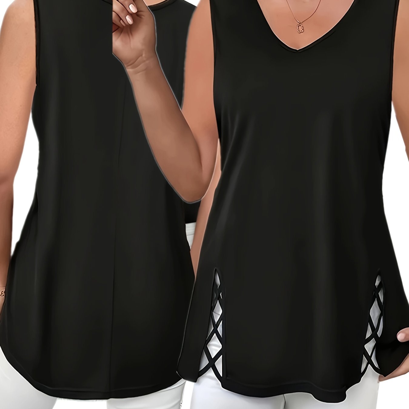 Top sin mangas de mujer talla grande con escote en V y tirantes cruzados en negro