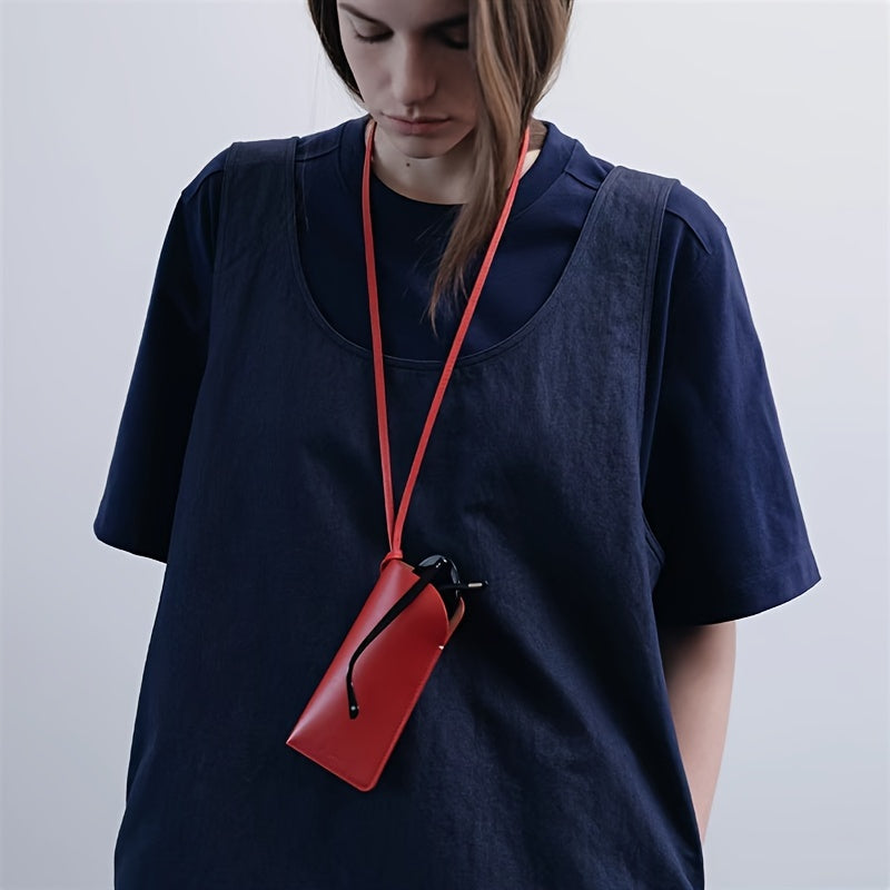 Faux Leather ko‘zoynaklar sumkasi, konkav shakl va osma bo‘yin lanyard bilan, zamonaviy to‘g‘ri rang