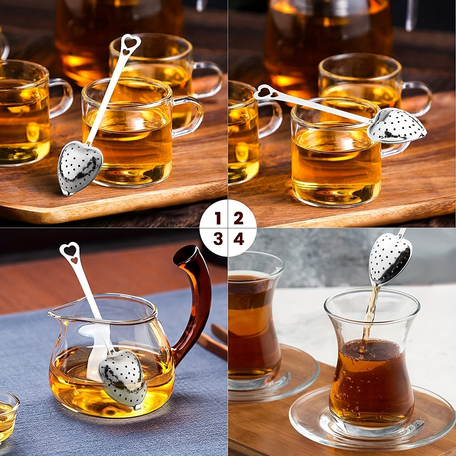 Set of 4 Stainless Steel Tea Strainers Reusable Love Colanders with Brewing Spoons