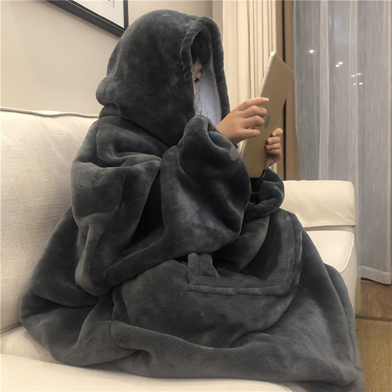 Oversized Gray Wearable Blanket Hoodie with Pockets and Shearling Material for Lounge and Sleep